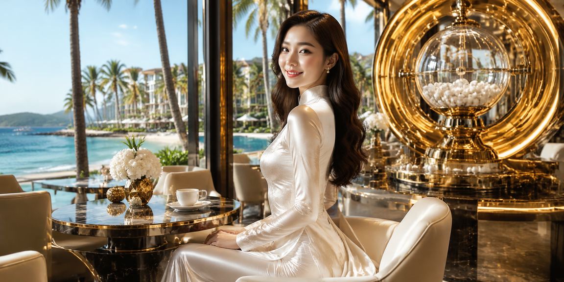 Người phụ nữ mặc áo dài tại Phú Quốc tham gia xổ số và thanh toán trực tuyến